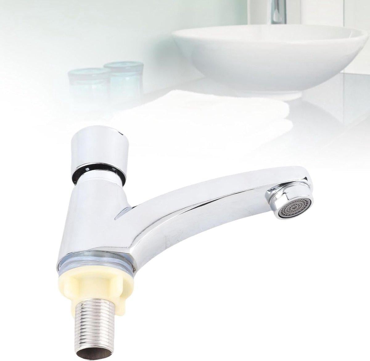 Markenlos Waterbesparende Tijdsvertragingkraan voor Keuken en Badkamer met Automatische Afsluiting, Zilver/Chroom met Messing Afwerking