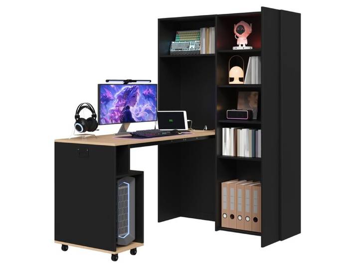 Bureau bibliothèque-bureau 2-en-1 pliable avec port USB bureau d'angle à droite noir 104 5 × 30 5 × 160 cm