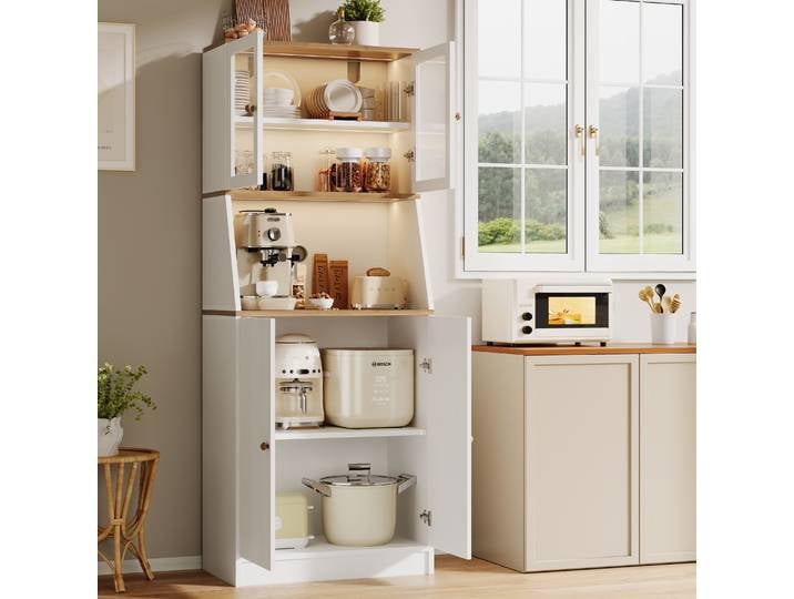 Meuble de cuisine Rosahqnda avec plan de travail, buffet avec tiroir, meuble de rangement avec LED, prise électrique, porte vitrée