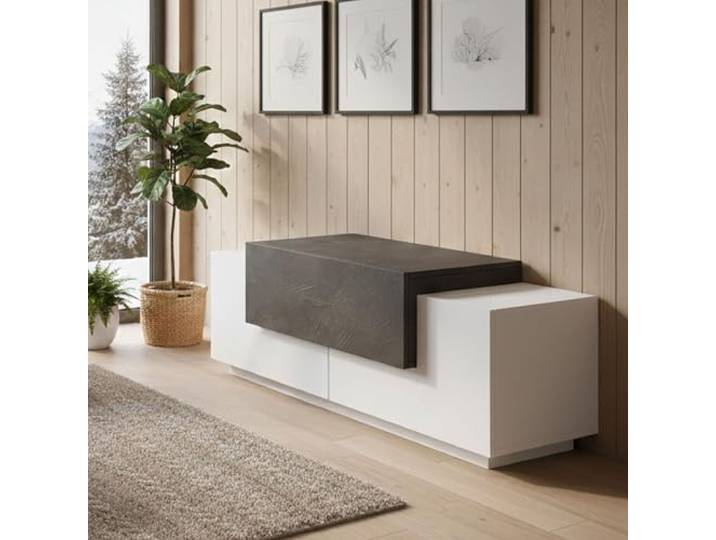 Dmora - Kommode Mirco, moderner Multifunktionseingang, Mehrzweckschrank für die Eingangshalle, 100 % Made in Italy, 120 x 45 x 46 cm, glänzendes Weiß und Schiefer,