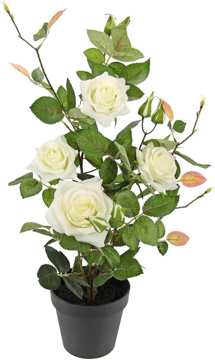 Kunst Rozenstruik met zijden witte bloemen en inclusief pot voor binnendecoratie