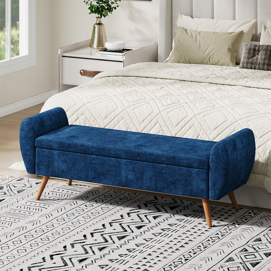 Fjørde & Co Alamo Upholstered Storage Bench Blue Chenille 55cm H X 151cm W X 47cm D