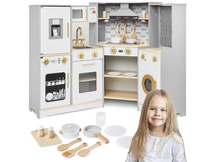 Mamabrum Grand Ensemble de Cuisine en Bois XXXL XXL pour Enfants, Jouet Éducatif Interactif à LED, Jeu de Rôle 3+