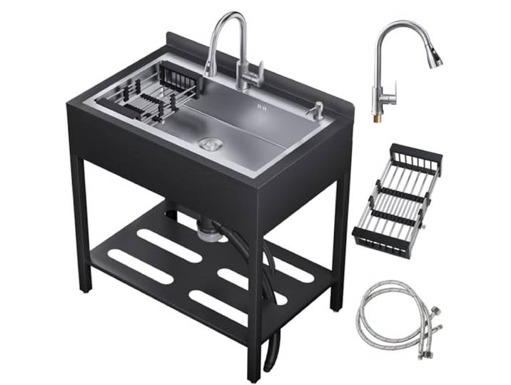 Freistehendes Edelstahl-Spülbecken, freistehendes gewerbliches Einbeckenspülbecken mit ausziehbarer Kalt- und Warmwasserarmatur, Sink Handwaschspüle für Küche (Silber sein, L- 85.1 x 60 x 91.5CM)