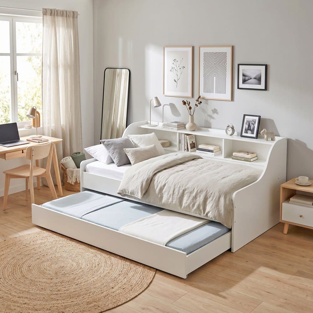 Weber industries Lit gigogne palma 90x190 cm - tiroir-lit + étagère rangement / blanc Blanc 194x75x116cm