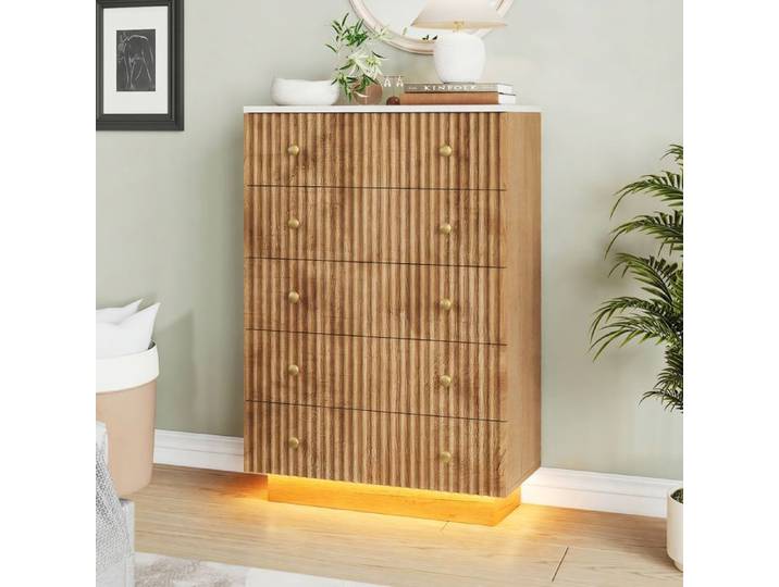 DADEA Commode 5 Tiroirs avec Led Commode Bois Armoire à Tiroirs Chambre avec une Conception Anti-Basculement