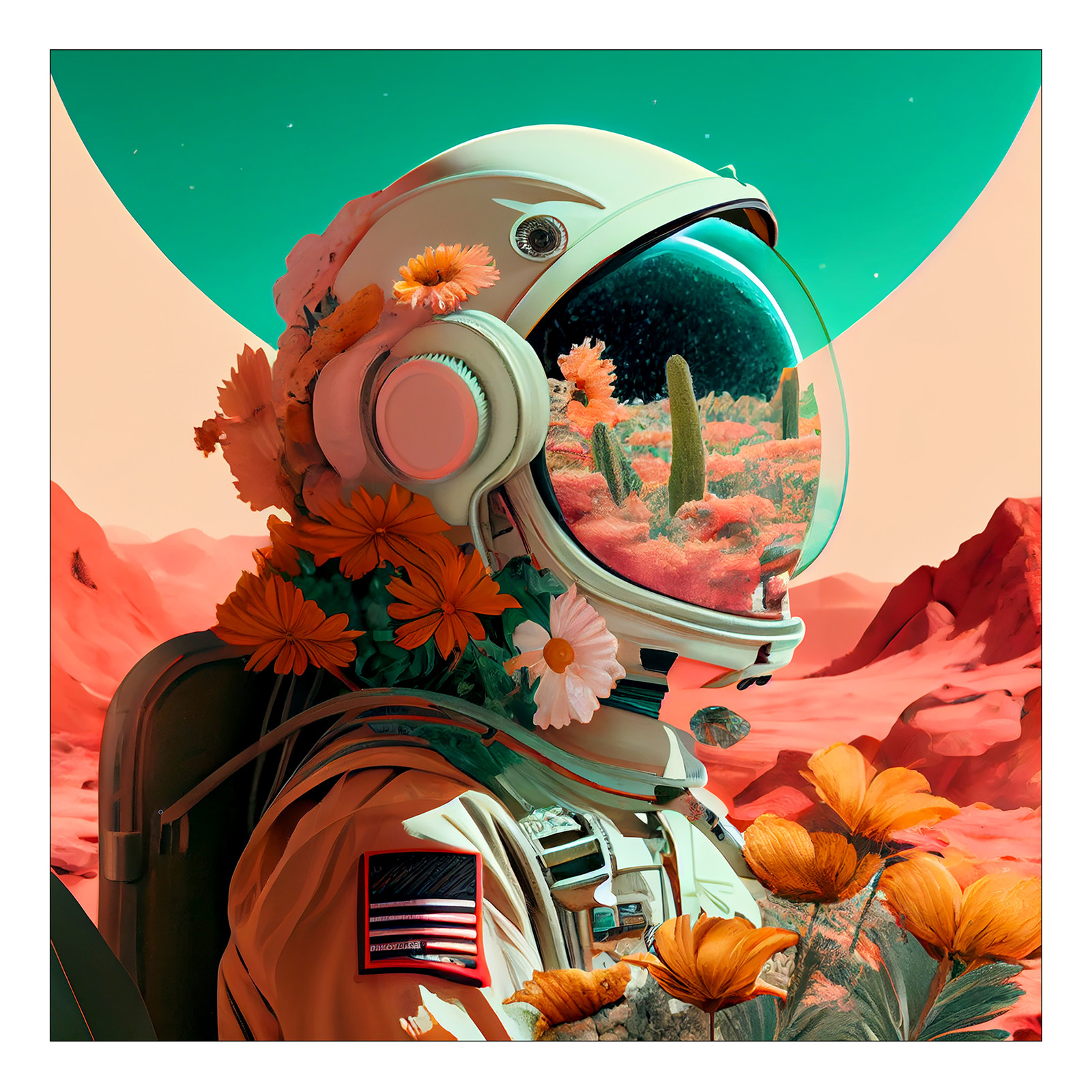 home24 Glazen afbeelding Flowerstronaut On Mars floatglas oranje/turquoise/rood B/D/H: 50 x 50 x 1 cm