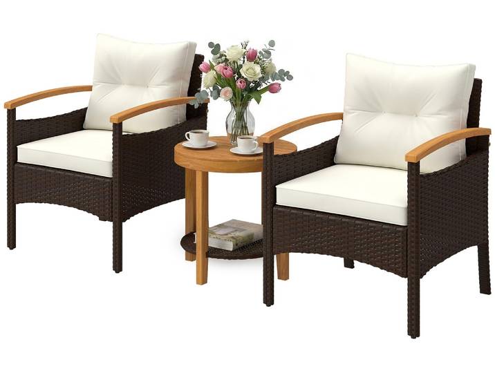 Outsunny Rattan Bistroset 3 teiligesGartenmöbel-Set mit 2 Sessel Holz-Tisch