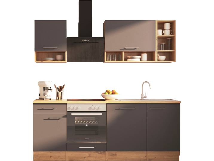 Küche RESPEKTA Hilde , grau (küche: grau, front: grau, korpus: wildeiche nachbildung, arbeitsplatte: wildeiche nachbildung), B:220cm H:205cm T:60cm, Komplettküchen-Sets, Breite 220 cm, wechselseitig aufbaubar, exkl. Konfiguration für OTTO