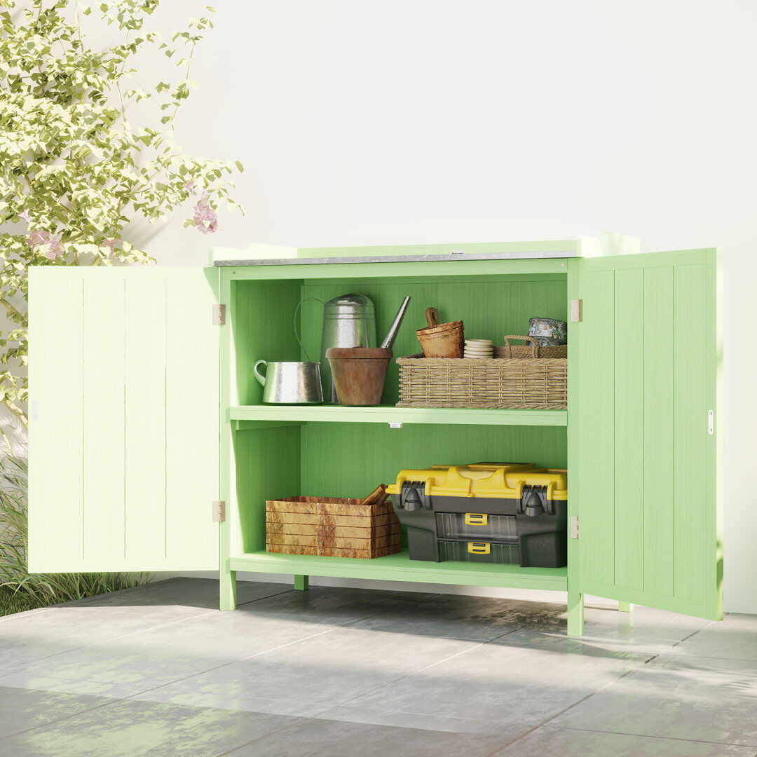 Outsunny Wood Garden Storage Cabinet with Galvanised Top Two Shelves Green Green 95.5cm H X 98cm W X 48cm D