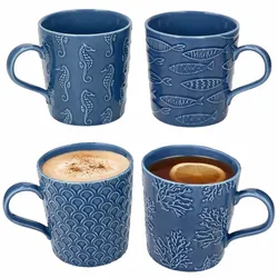 Sea Life 4er Set Kaffeebecher Porzellan dunkelblau maritim Relief Tee Geschenk