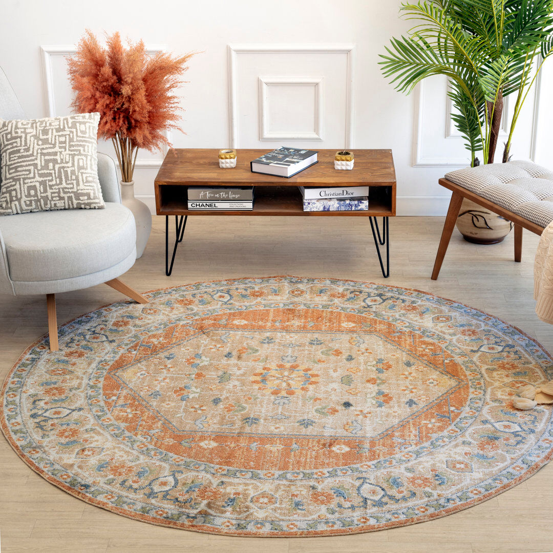 Blue Elephant Machine Washable Traditionnal Boho Burnt Orange Area Rug Orange;Blue Round 201cm
