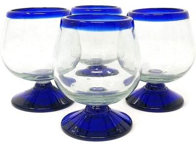 Dos Sueños Mexican Hand Blown Glass - Set of 4 Hand Blown Cognac Snifter Glasses - Cobalt Blue Rim