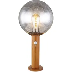 LED Sockellampe mit Bewegungsmelder Sockeleuchte Außenstehleuchte Gartenlampe Bewegungsmelder, Alu Holzoptik Glaskugel, Blasen-Optik, 7W 806lm warmweiß, DxH 25x50 cm