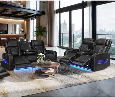 Lilola Home Jazz Leather Aire Pwr Reclining Sofa & Loveseat Set w/Pwr Headrest, BT Spkrs, LED, Wireless Chrg Drop Tbl, USB, Strg & Cuphldrs