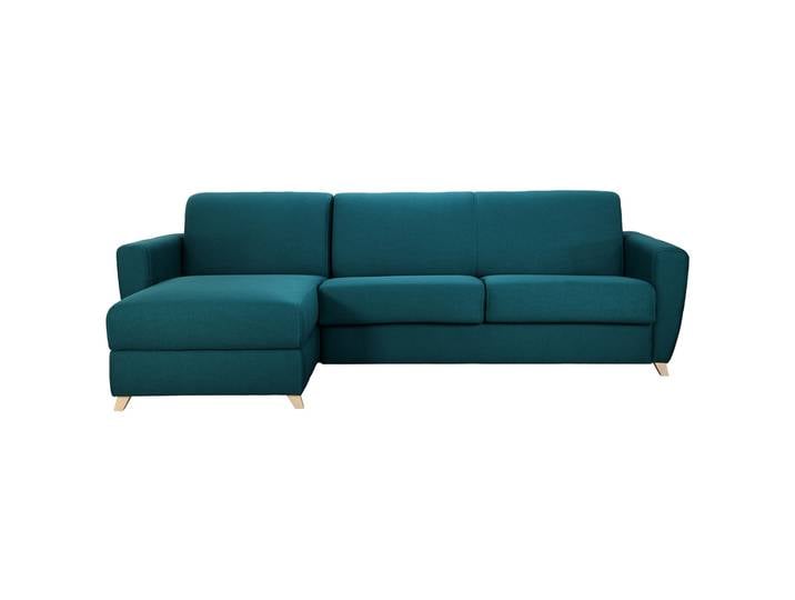 Canapé d'angle convertible réversible avec coffre 4 places en tissu bleu canard et bois clair GRAHAM