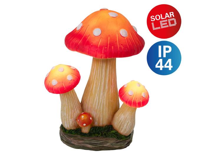 LED Solarleuchte NÄVE Fungo , bunt, B:12cm H:23cm L:17,7cm, Leuchten, LED Solarleuchte, Pilzfigur weiß/rot mit 4 unterschiedlich großen Pilzen, Druckschalter