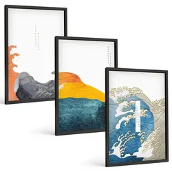 BILDER SET 3er Set - 40x60 cm Schwarzer Rahmen - Wellen des japanischen Grafikstils