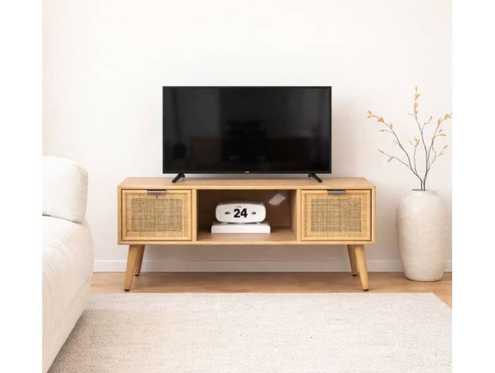 Meuble tv 2 tiroirs en bois et rotin