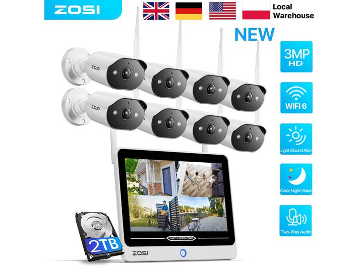 ZOSI 8CH 2K Wi-Fi 6 système de caméra de sécurité 12 ''moniteur LCD 3MP caméras de Surveillance WiFi enfichables intérieur extérieur pour la sécurité de la maison