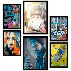 POSTER Set Mit 6 Bunte Graffiti Straßenkunst Schablone A3 & A4 Schwarzer Rahmen