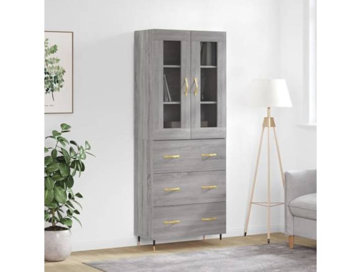 RJPLMFV Anrichte hoch, grau, Sonoma, 69,5 x 34 x 180 cm Holz aus Holz, Füße aus Metall, großer Stauraum, Wandbefestigung inklusive