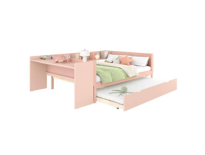 Flieks Flachbett 140x200cm Rosa Holz Schreibtisch Rollbett Regale, Pink, 140x200 cm, Schlafzimmer, Betten
