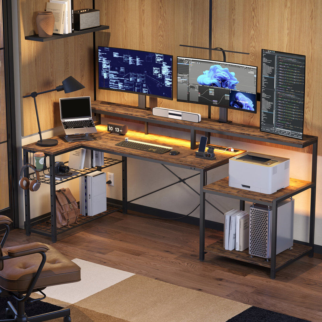 Inbox Zero 181Cm Rectangular Computer Desk with Power Outlets, L Shaped LED Office Desk with Long Monitor Stand Brown