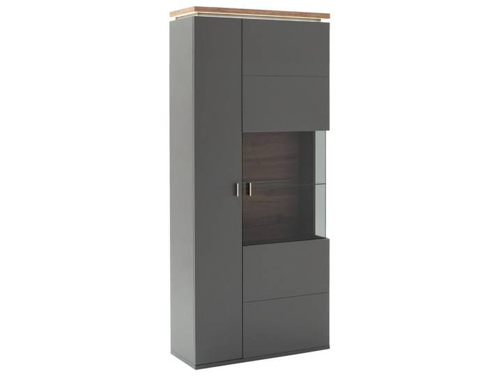 Stylife Vitrine Neapel, Grau, Eiche Wotan, Glas, 9 Fächer, 90x208x37 cm, Typenauswahl, Beimöbel erhältlich, stehend, Beleuchtung, Wohnzimmer, Wohnwände, Vitrinenschränke