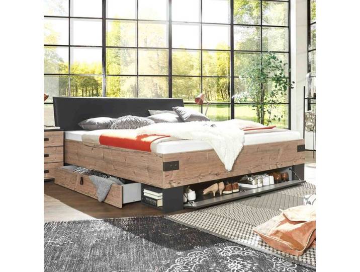 Bett Viano Eiche Dekor mit Schubkästen 160x200 cm Weißtanne industrial, Mit Kopfteil höhenverstellbar