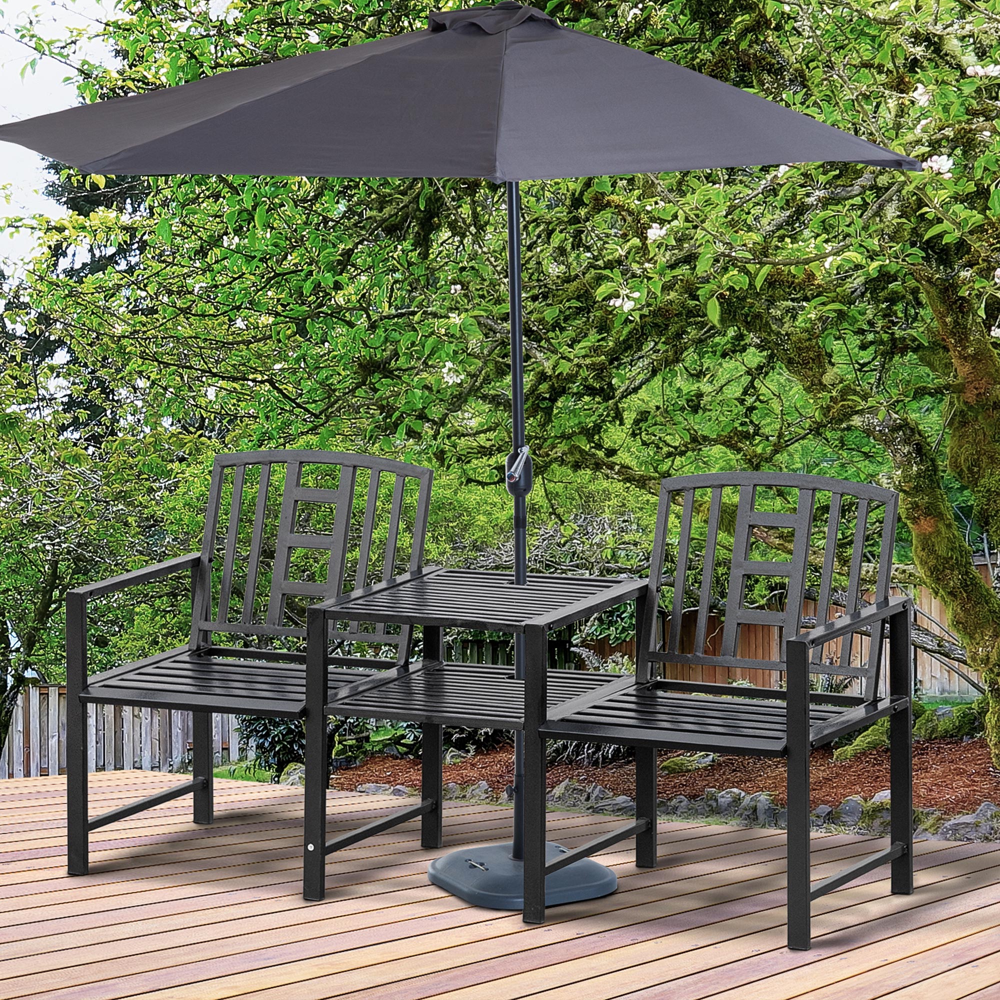 Outsunny Panchina da Giardino Moderna 2 Posti con Tavolino e Foro per Ombrellone Arredamento da Esterno 165x56x85.5cm Nero Aosom