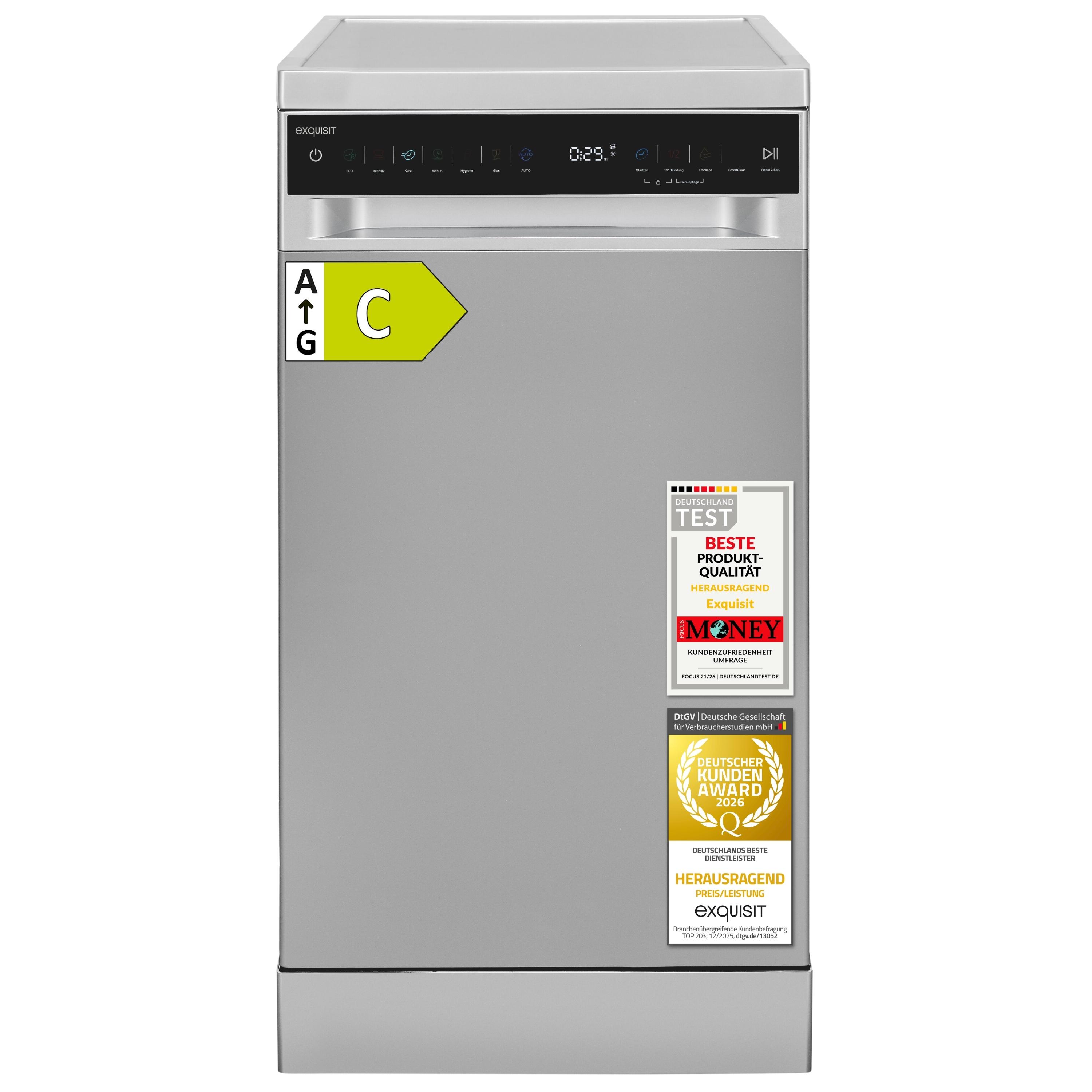 Exquisit Geschirrspüler 11 Maßgedecke | Energieklasse C | 7 Spülprogramme | Aquastop | Besteckschublade | Unterbaufähig | Startzeitvorwahl | Silber