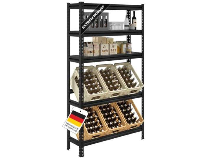 STEELSØN TARF Getränkekistenregal 6 Kisten, mit 3 Ablagen, Metall, schwarz Getränkeregal stabil/robust, Kistenregal, Kastenständer für Kisten & Obst, Bierkisten Regal, Getränkekistenhalter HWR/Keller