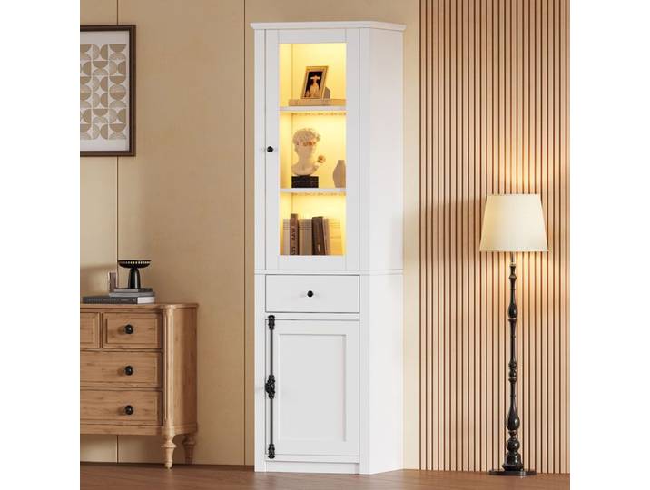 Vitrine 55*40*200cm grand armoire haute Vitrine avec un tiroir Vitrine de stand avec 2 portes d'armoire Blanc