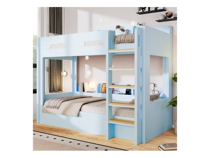 Flieks Etagenbett, Kinderbett 90x200cm mit Steckdose darunter und Ablagefächer