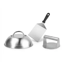 Relaxdays Smash Burger Set, 3-teilig, Burgerpresse mit Schmelzglocke & Grillspachtel, Patty Maker, Edelstahl, silber