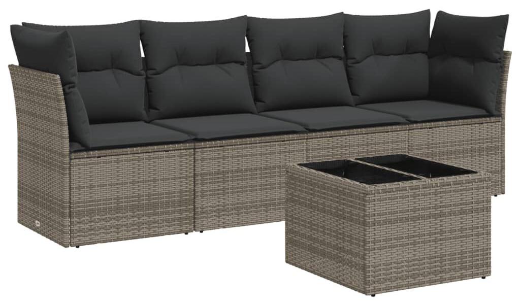 Loungeset, 5-teilig - Grau, aus Poly-Rattan - 234x62x69 cm - Mit Kissen