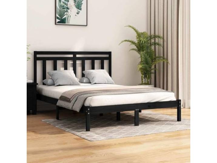 RJPLMFV Bettgestell, 140 x 190 cm, massives Kiefernholz, Schwarz Ohne Matratze, integriertes Kopfteil, Lattenrost aus Sperrholz, klassisches Design für Schlafzimmer