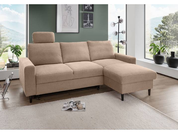 Ecksofa mit Schlaffunktion Braun Webstoff Jimin 234 x 88 x 147cm Longchair davorstehend rechts mit Schlaffunktion Modern