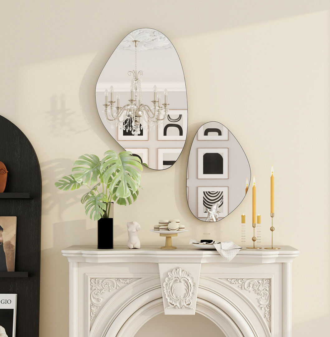 17 Stories HOMCOM Irregular Wall Mirror Set of 2 Pebble-Shaped with Metal Frame Black Black Black