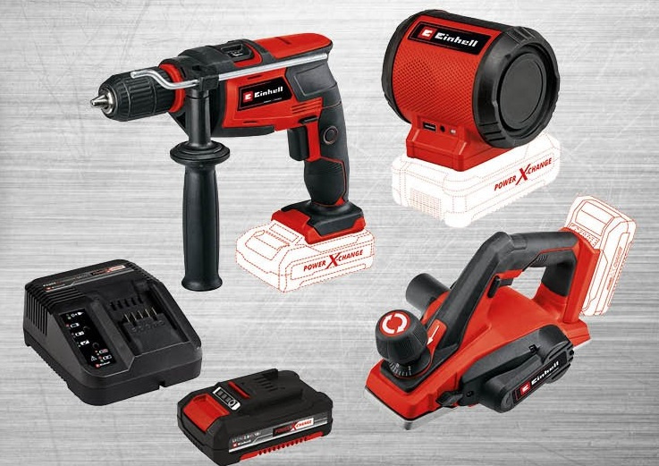 EINHELL SET PXC-AKKU+Akku-Lautsprecher+ Akku-Schlagbohrmaschine+Akku-Hobel Starter Kit 18 V/2,0 Ah 16942797