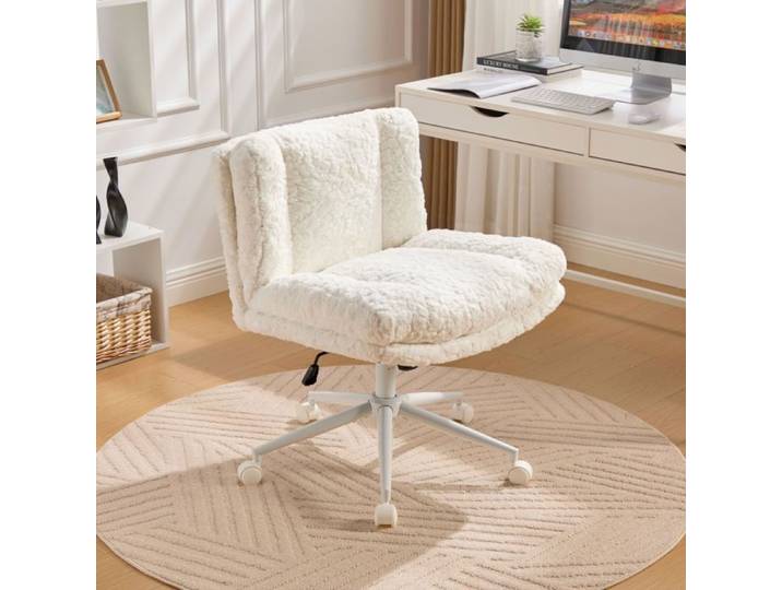 W26.4 pouces chaise de bureau plus large: Cheveux artificiels de lapin Chaise de bureau à la maison avec base en métal Crème