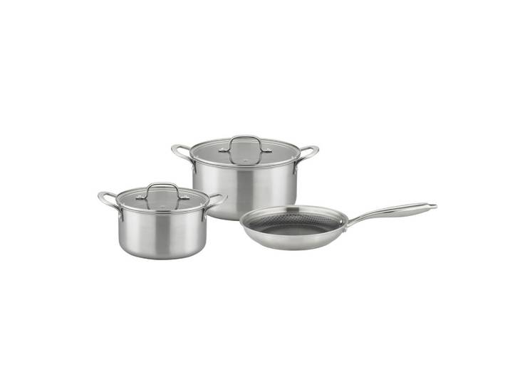 GSW Kochtopfset Inoxxa Black, Edelstahlfarben, Metall, 5-teilig, ISO 9001, backofengeeignet, kratzfest, hitzebeständige Griffe, rostfrei, Griffe werden nicht heiß, hitzebeständig, optimale Wärmeverteilung, leichte Reinigung, Dreischicht-Material mit durchgängigem Aluminiumkern, optimale und gleichmäßige Wärmeverteilung bis zum Rand, antihaftversiegelte Wabenstruktur, schadstofffrei gemäß EU-Standards,mit Dampfablass, backofengeeignet, Kochgeschirr, Töpfe, Topfsets
