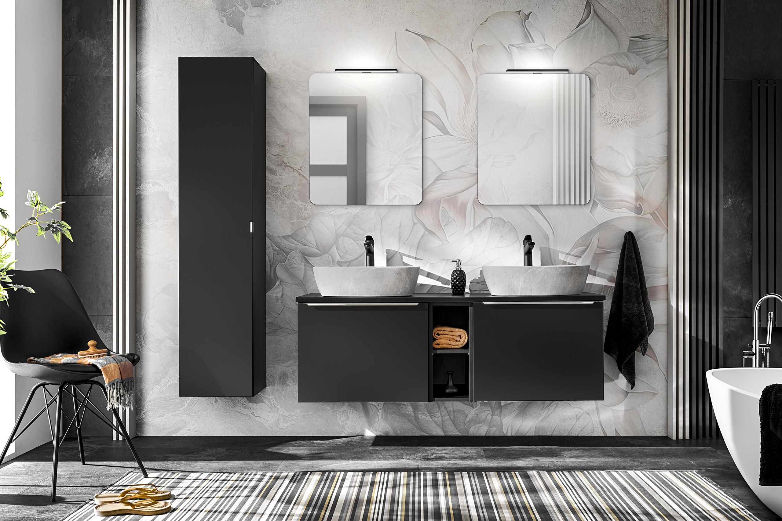 Badezimmerset 180 Cm Schwarz Mit 2 Waschbecken, Säule, Spiegeln Und Led