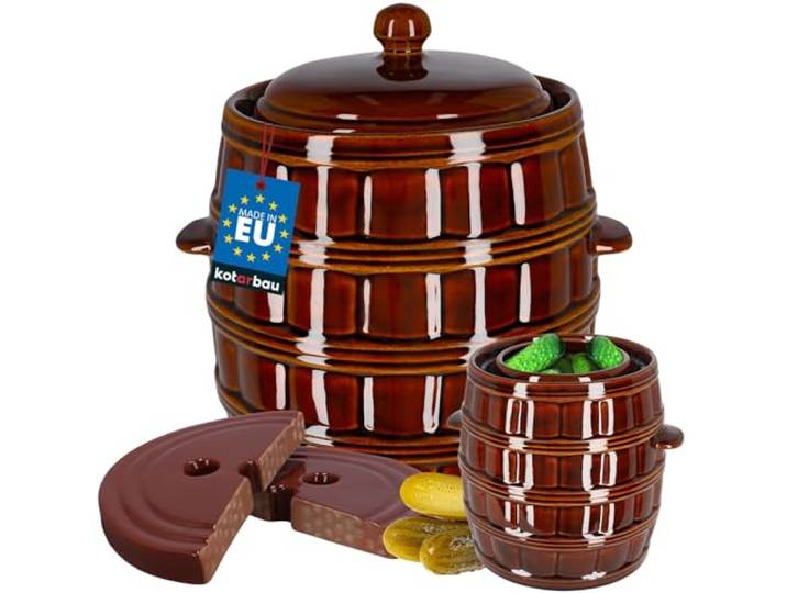 KOTARBAU® Sauerkrauttopf 12 L, Rumtopf mit Deckel + Fermentiergewichte Gärtopf mit Wasserrinne, Steintopf zum Einlegen, Gärfass Sauerkraut & Gurken, Kimchi Topf zum Fermentieren, Steinzeug, Braun
