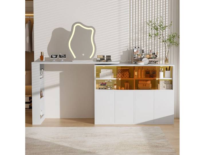 ROVRYN Coiffeuse pivotante en L 177 x 40 x 131 5 cm avec miroir LED rangements blanche