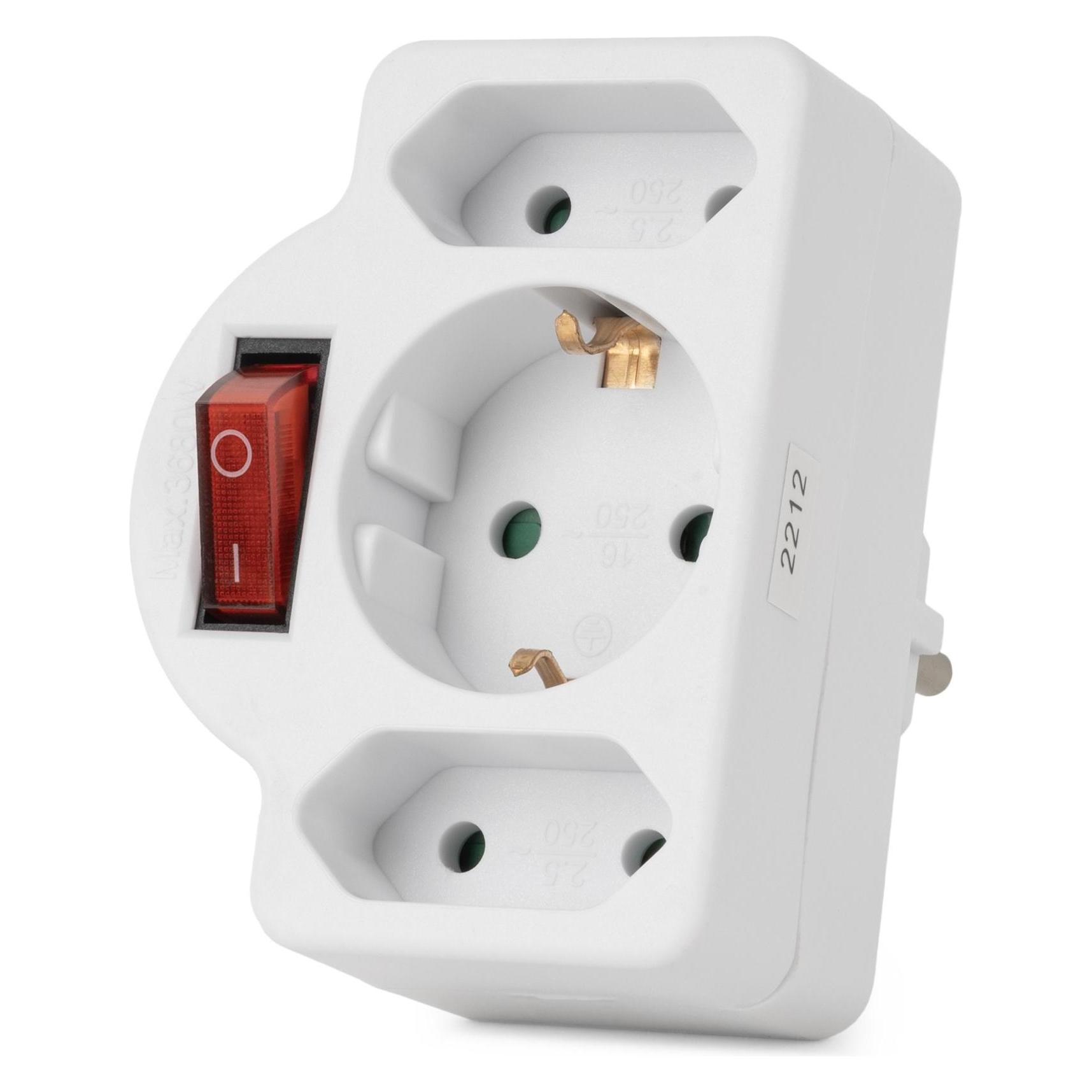 Entac Steckdosenadapter 2x Euro 1x Schukon Schalter weiss (CEE 7/3, CEE 7/4, CEE 7/5, CEE 7/6, CEE 7/7, 3x) (EPAG-1EE2E-SW)