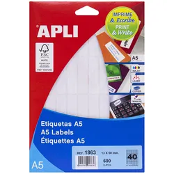 Apli, Etiketten, Klebeetiketten weiss mit abgerundeten Kanten A5 13,0 x 50,0 mm 15 Blatt à 40 Etiketten