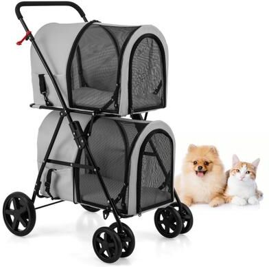 Costway 4-in-1 Double Pet Stroller with Detachable Carrier and Travel Carriage-Gray
