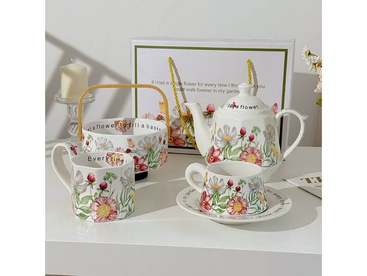 Tasse à café de style vintage, tasse de petit-déjeuner, théière, cadeau d'anniversaire, de mariage, service à thé de l'après-midi